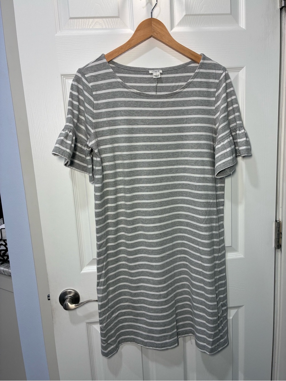 J. Crew Gray and White Striped Midi Dress with Ruffle Sleeves